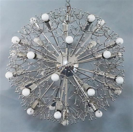 A 1960s chromed metal spherical light fitting by Gino Sarfatti for Sciolari, drop and diameter 31in.